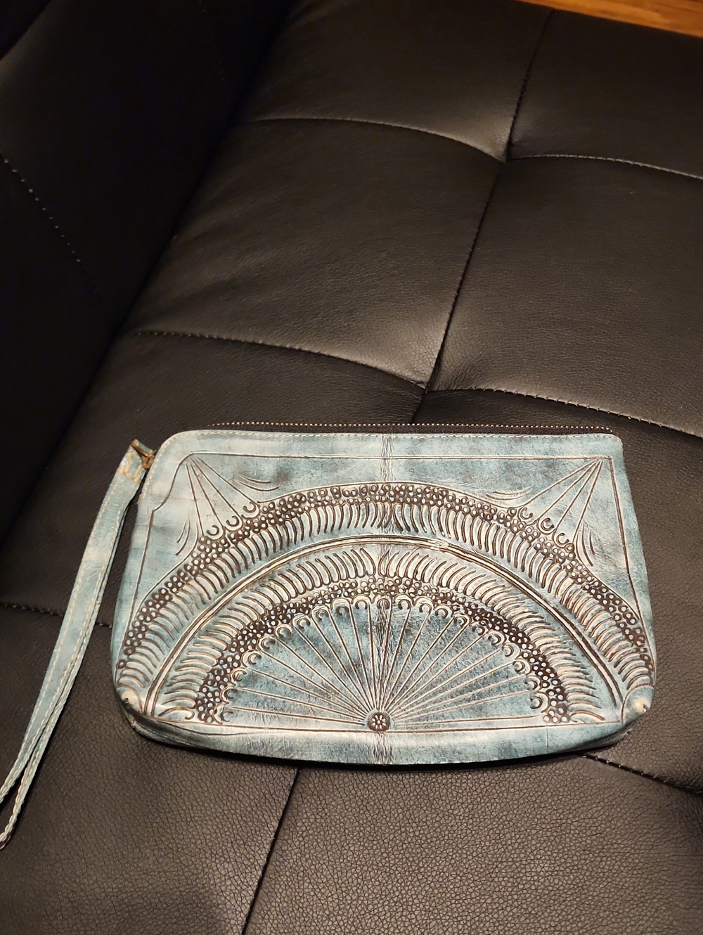 Hand-Tooled Turquoise Leather Wristlet Clutch